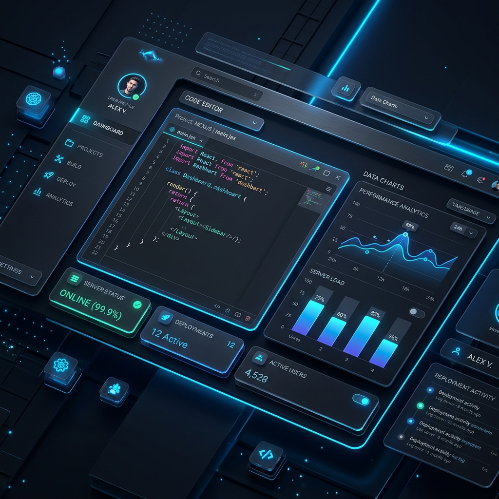 Futuristic web development dashboard mockup